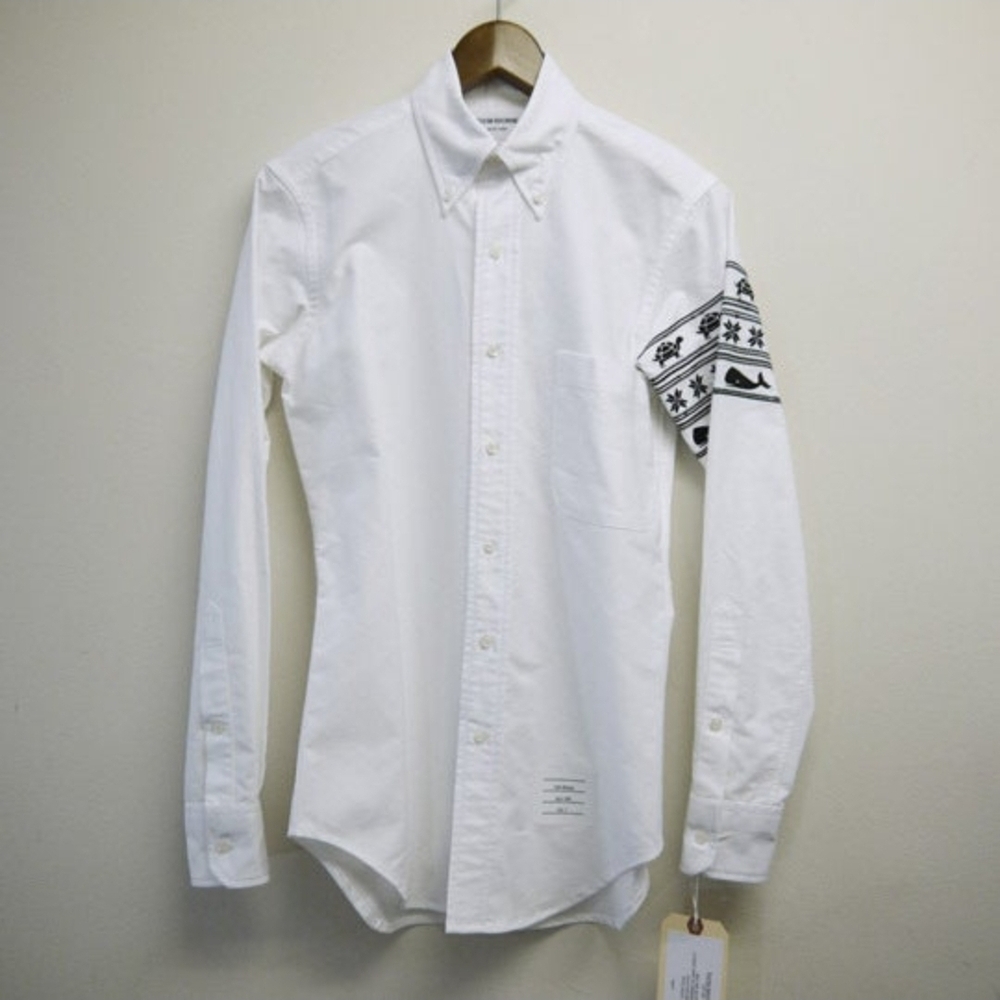 Thom Browne White Oxford Shirt with Black Sleeve Pattern - 1, S/M